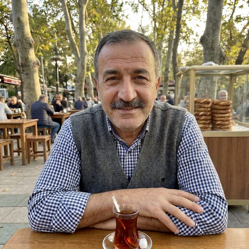 Hikmet abi: çay bahçesinde oturan, bıyıklı, yelekli bir adam portresi (yapay zekâ ile üretilmiş karakter).