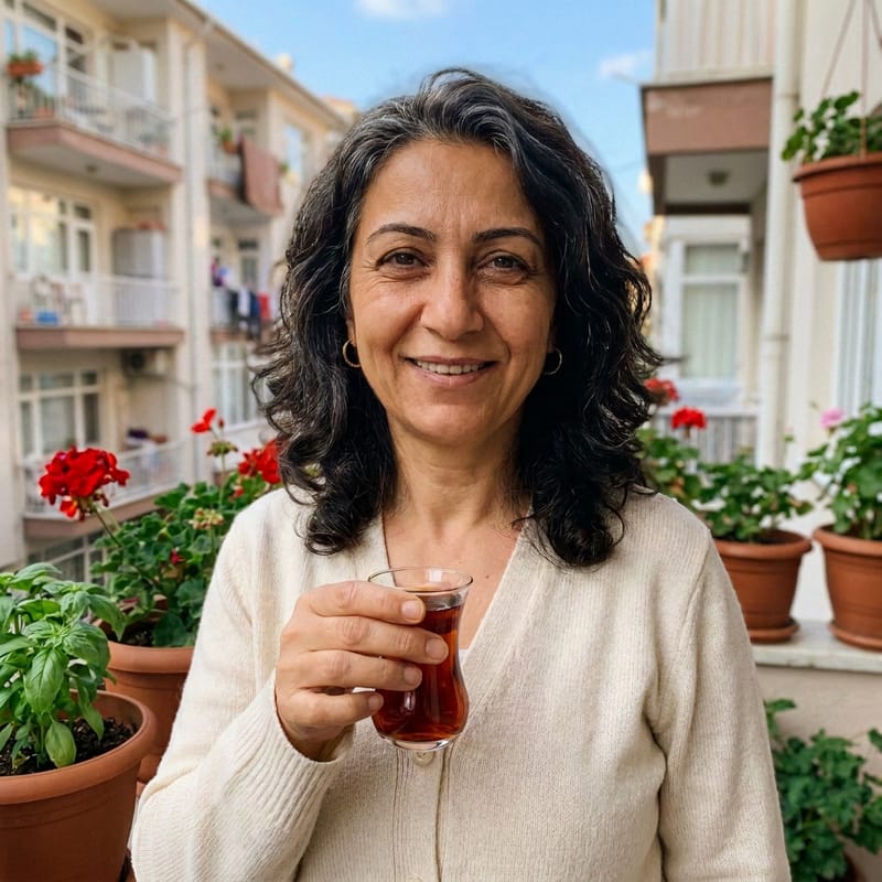Saadet abla: elinde çay bardağıyla gülümseyen, kıvırcık saçlı bir kadın portresi (yapay zekâ ile üretilmiş karakter).